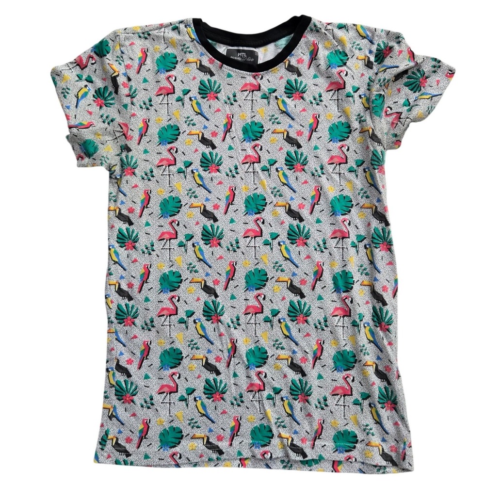 MTL‎ Made To Live NYC Flamingo Parrot Graphic Tee Small 90s Saved By The Bell